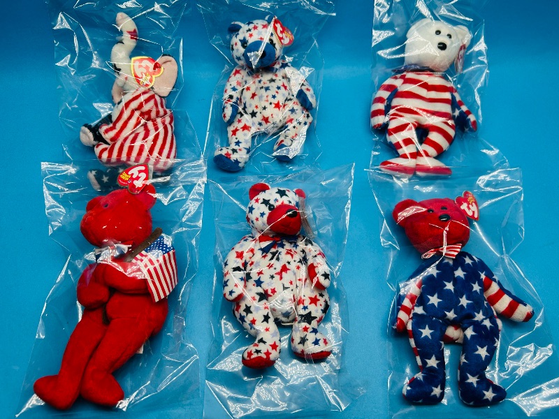 Photo 1 of 195351… 6 patriotic TY beanie babies in plastic bags 