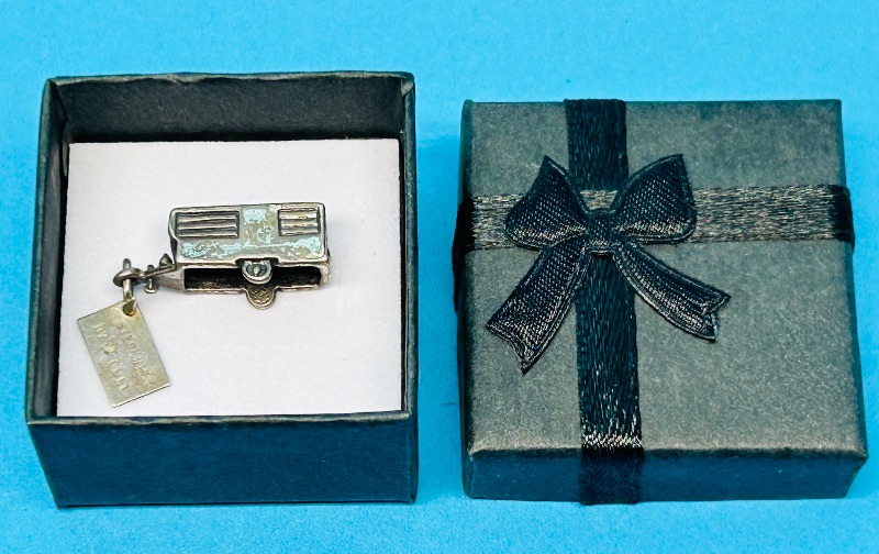 Photo 1 of 195367…vintage sterling silver by Bell Yellowstone park camper charm in gift box shows wear from age