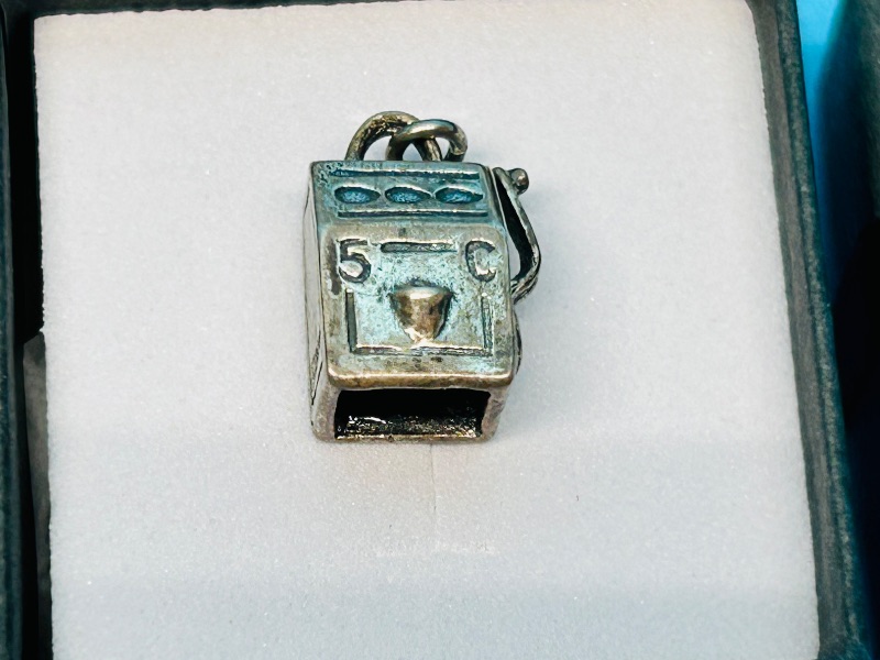 Photo 1 of 195370…vintage sterling silver slot machine charm in gift box shows wear from age 