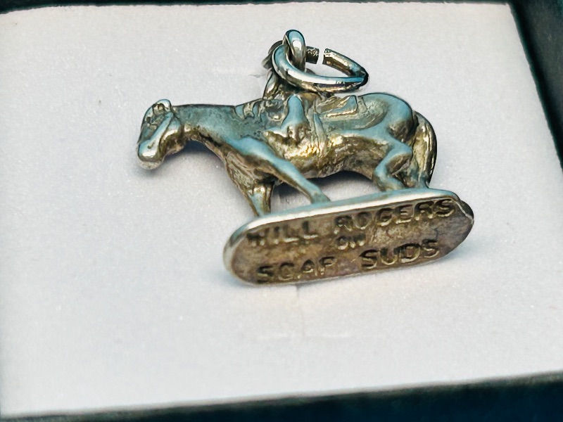 Photo 1 of 195371…vintage sterling silver Will Rodgers on Soap Suds charm in gift box shows wear from age 
