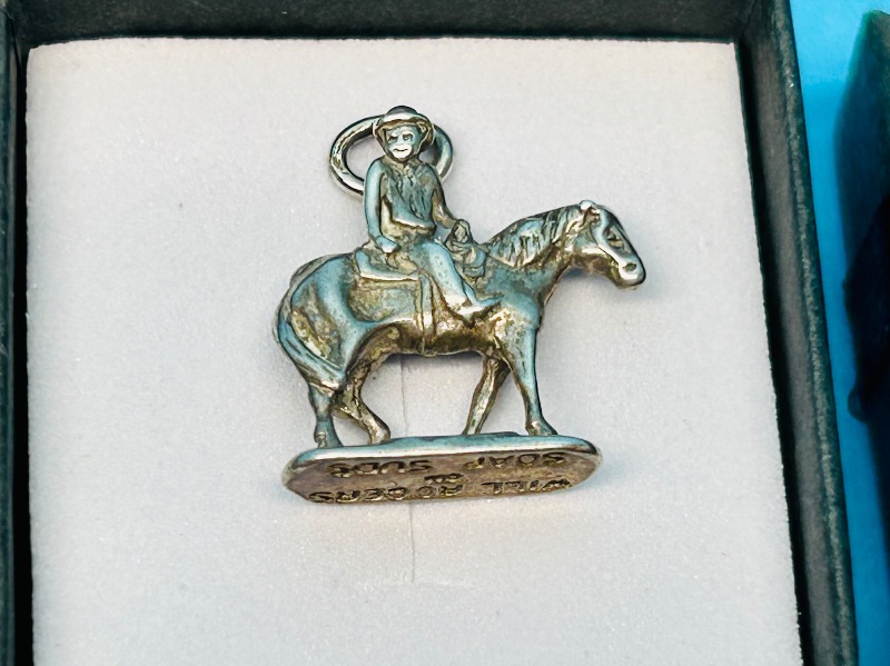 Photo 1 of 195371…vintage sterling silver Will Rodgers on Soap Suds charm in gift box shows wear from age 