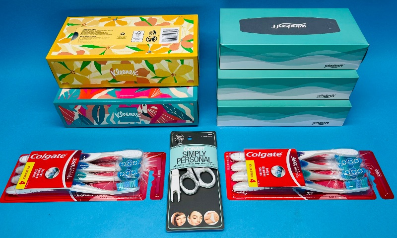 Photo 1 of 195452…Kleenex tissue, Colgate toothbrushes, and trimming scissors 
