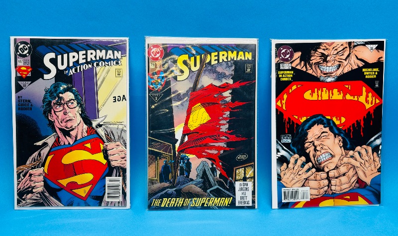 Photo 1 of 195566…3 Superman comics in plastic sleeves 