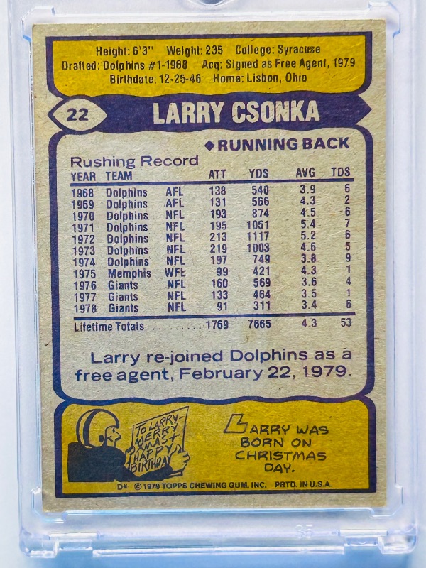 Photo 1 of 195640…vintage Larry Csonka card 22  in hard plastic case