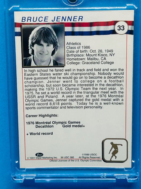 Photo 1 of 195643…Bruce Jenner hall of fame card 33  in hard plastic case