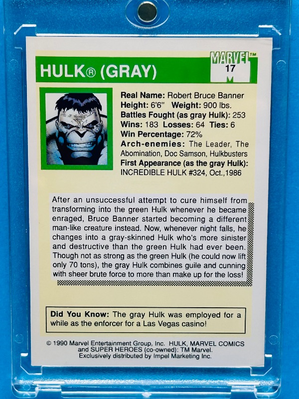 Photo 1 of 195694… vintage Marvel Hulk card 17 in hard plastic case