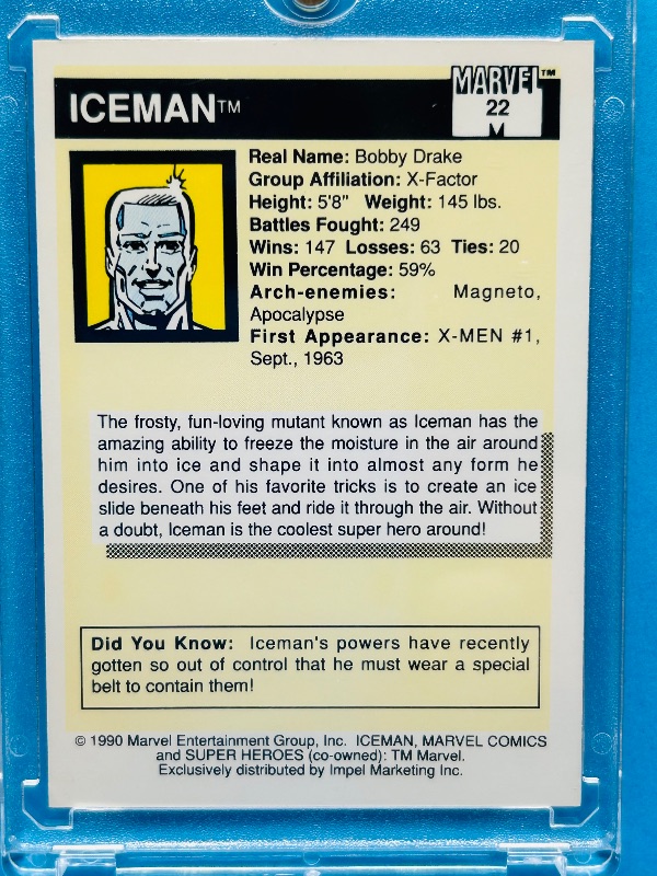 Photo 1 of 195695… vintage Marvel Iceman  card 22 in hard plastic case 