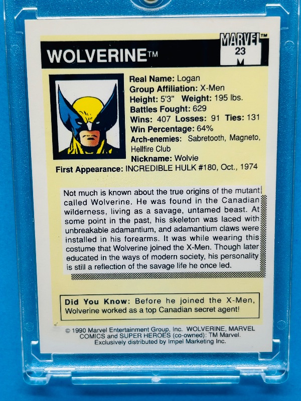 Photo 1 of 195696… vintage Marvel Wolverine card 23 in hard plastic case 