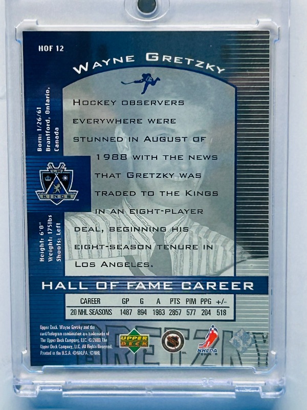 Photo 1 of 195713…..HOF 12 Wayne Gretzky card in hard plastic case 
