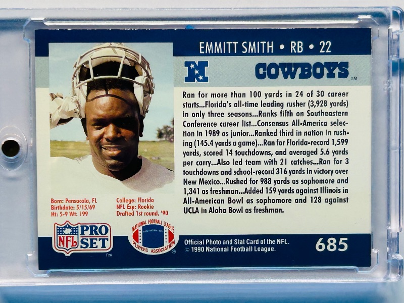 Photo 1 of 195719…Rookie Emmitt smith card 685 in hard plastic case
