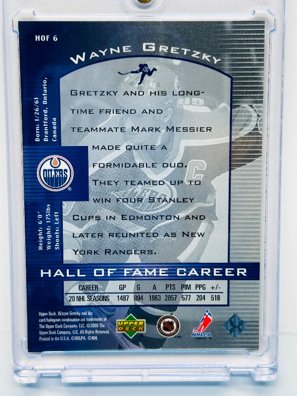 Photo 1 of 195842… holo Wayne Gretzky card HOF 6 in hard plastic case