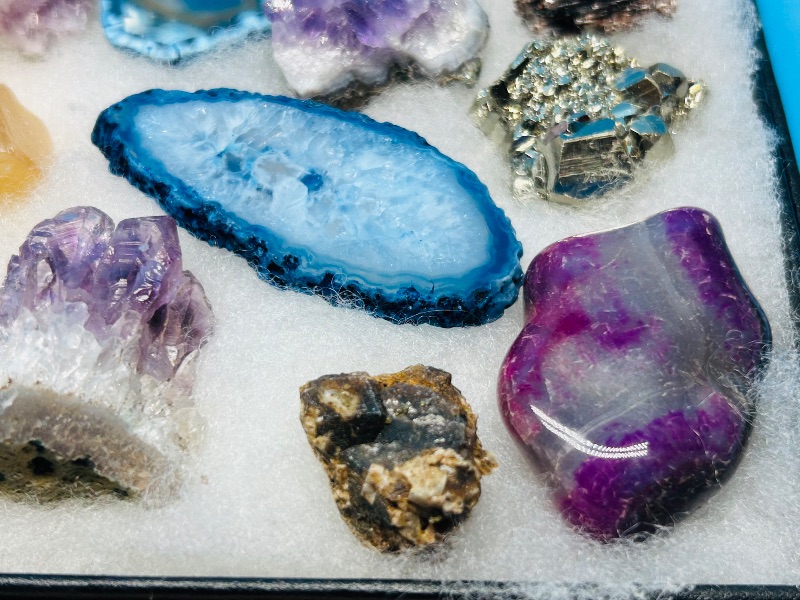 Photo 1 of 195862… rock collection- agates, pyrite (fools gold), crystal, polished, amethyst in glass top display