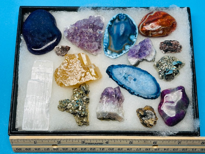 Photo 1 of 195862… rock collection- agates, pyrite (fools gold), crystal, polished, amethyst in glass top display