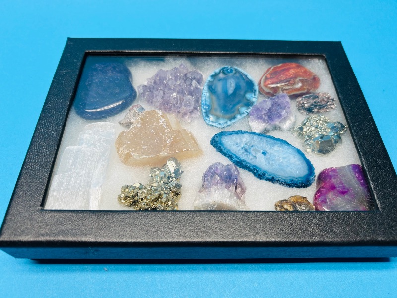 Photo 1 of 195862… rock collection- agates, pyrite (fools gold), crystal, polished, amethyst in glass top display