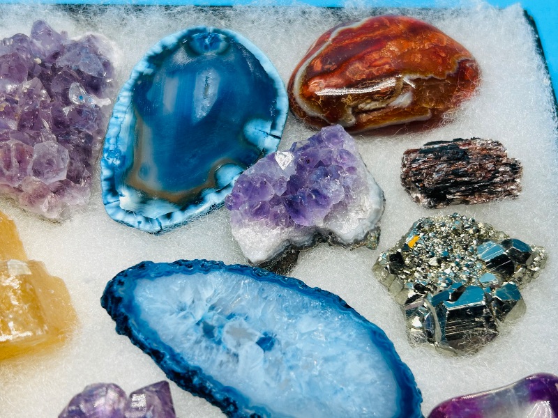 Photo 1 of 195862… rock collection- agates, pyrite (fools gold), crystal, polished, amethyst in glass top display