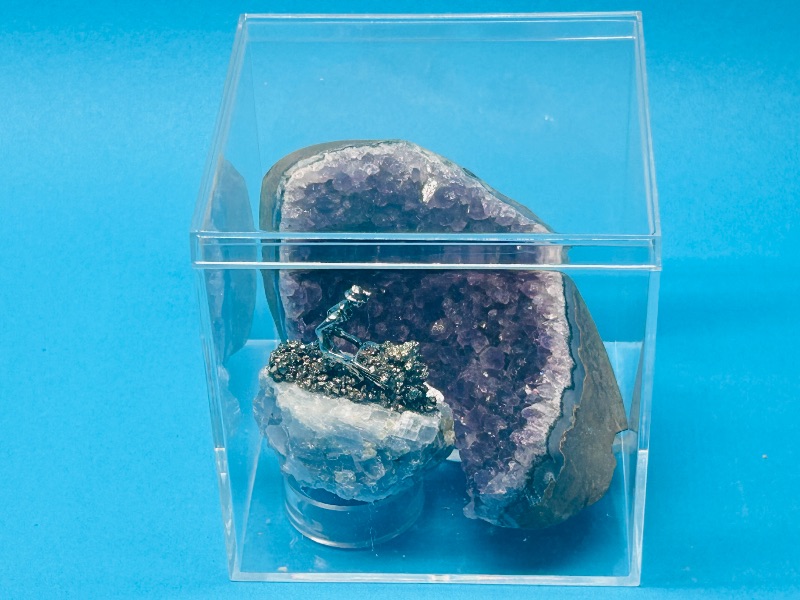 Photo 1 of 195868…amethyst crystal and miner on pyrite rock in 4 x 4” display
