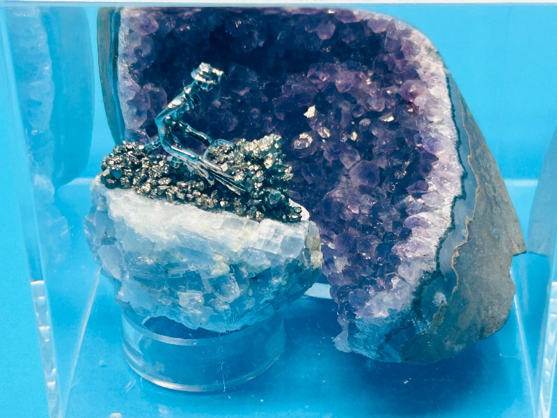 Photo 1 of 195868…amethyst crystal and miner on pyrite rock in 4 x 4” display