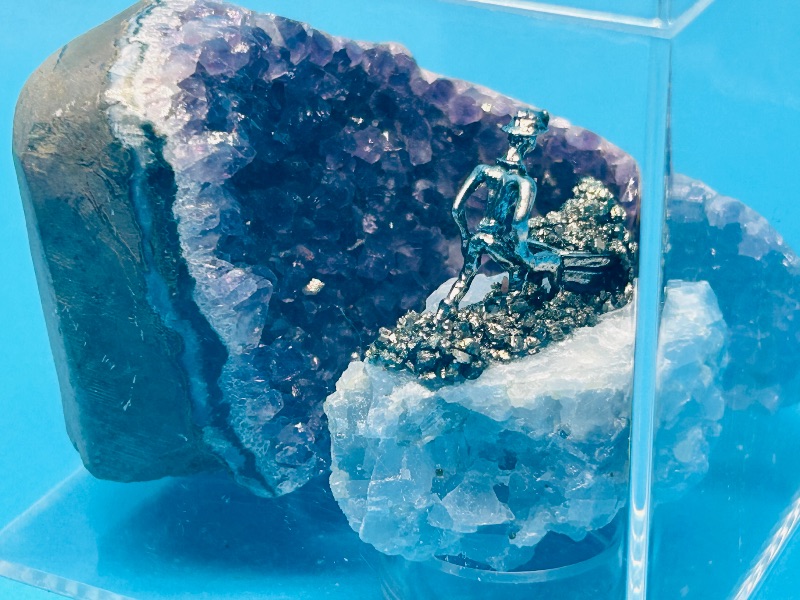 Photo 1 of 195868…amethyst crystal and miner on pyrite rock in 4 x 4” display