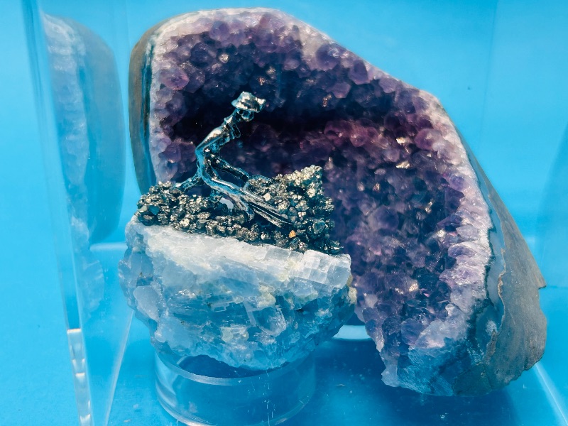 Photo 1 of 195868…amethyst crystal and miner on pyrite rock in 4 x 4” display