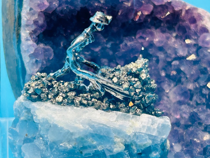 Photo 1 of 195868…amethyst crystal and miner on pyrite rock in 4 x 4” display