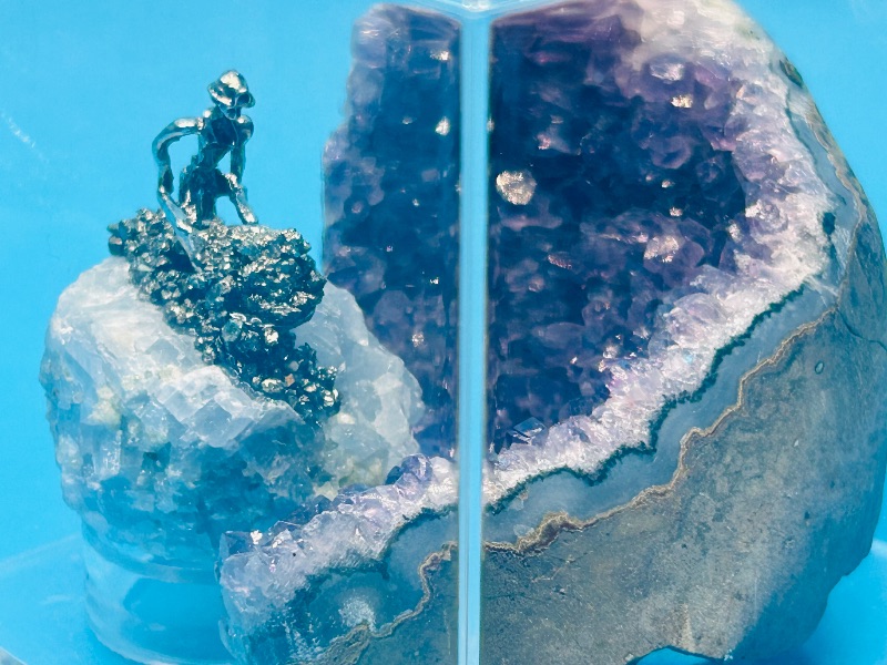Photo 1 of 195868…amethyst crystal and miner on pyrite rock in 4 x 4” display