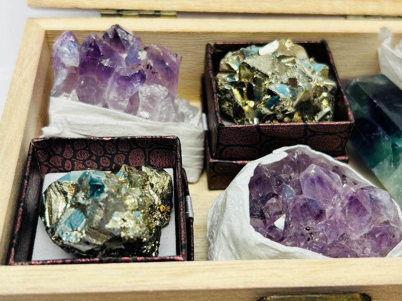 Photo 1 of 195873…amethyst, pyrite (fools gold), and fluorite septre in small wooden box display