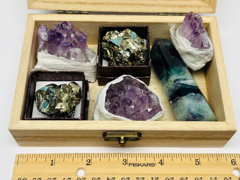 Photo 1 of 195873…amethyst, pyrite (fools gold), and fluorite septre in small wooden box display