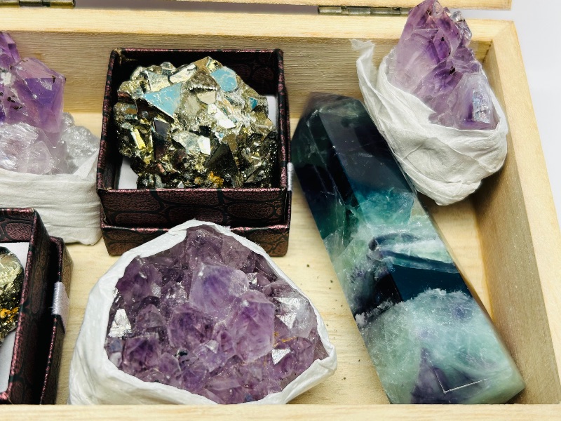 Photo 1 of 195873…amethyst, pyrite (fools gold), and fluorite septre in small wooden box display