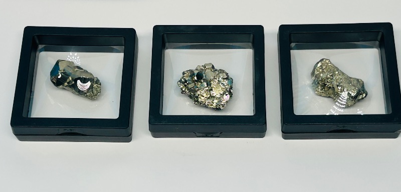 Photo 1 of 195886…3 pyrite (fools gold) nuggets in small display cases