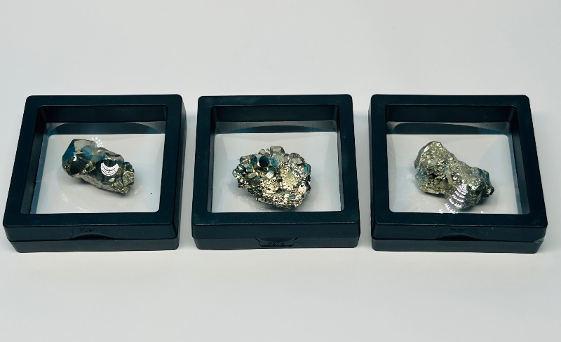 Photo 1 of 195886…3 pyrite (fools gold) nuggets in small display cases