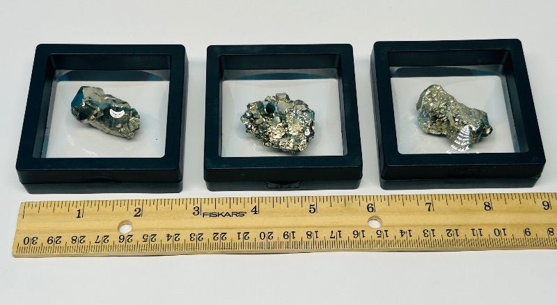 Photo 1 of 195886…3 pyrite (fools gold) nuggets in small display cases