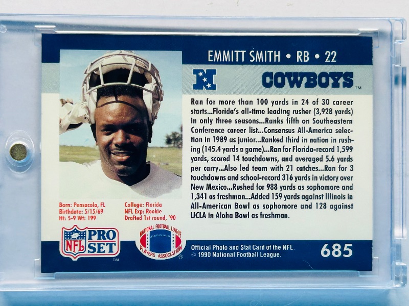 Photo 1 of 195903…Rookie Emmitt Smith card 685 in hard plastic case