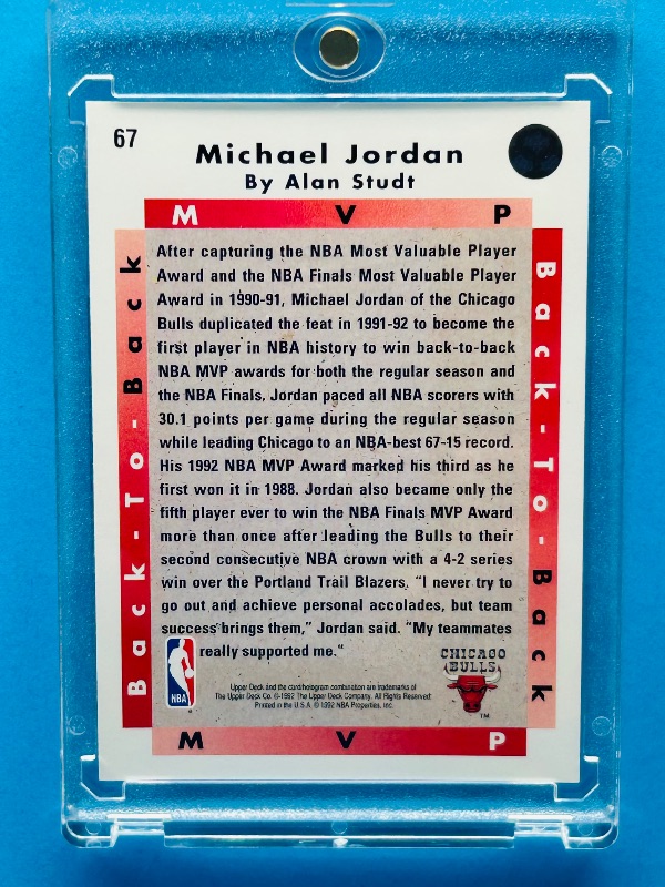 Photo 1 of 195930…Michael Jordan MVP card 67 in hard plastic case