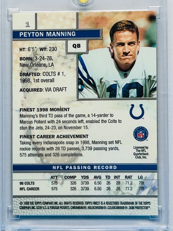 Photo 1 of 195956…Topps Finest Peyton Manning refractor card 1 with protective coating in hard plastic case