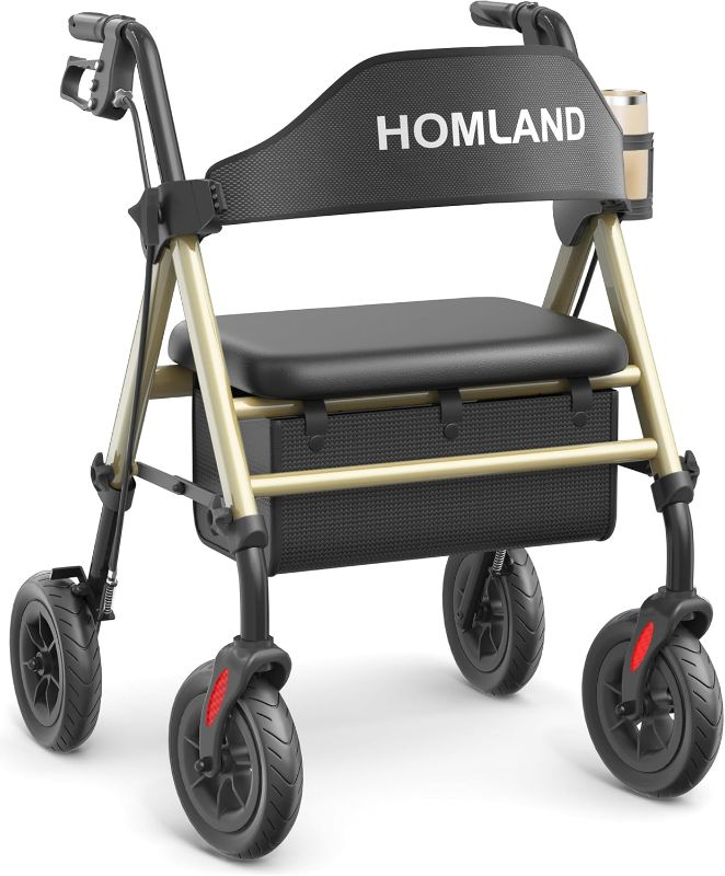 Photo 1 of Walkers for Seniors with Seat, Foldable Rollator Walker, Reinforced Aluminum Frame, 8" Big Rubber Wheels for All Terrain, Height Adjustable Lightweight Rolling Walker
