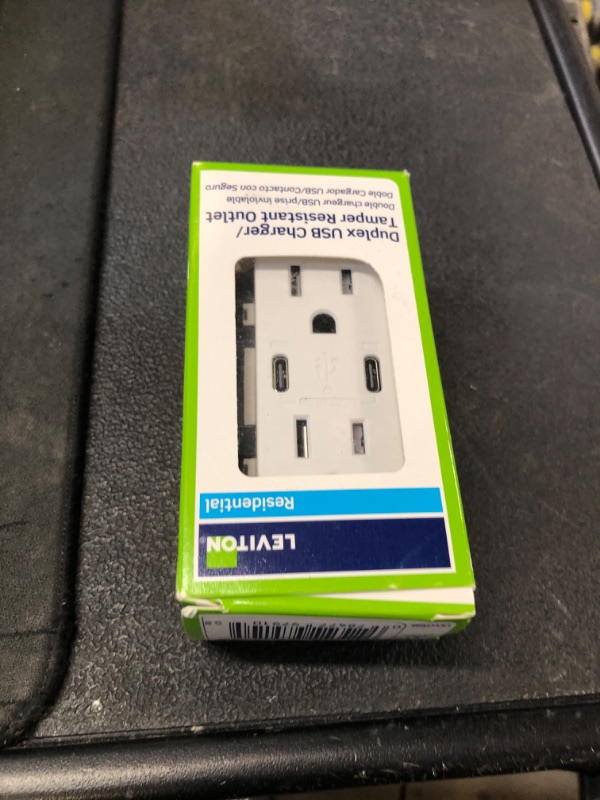 Photo 1 of Leviton T5635-W 30W (6A) USB Dual Type-C/C Power Delivery In-Wall Charger with 15A Tamper-Resistant Outlet, USB Charger for Smartphones, Tablets, Laptops, White