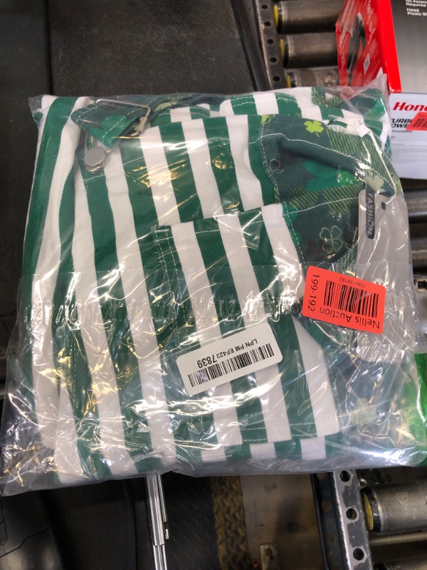 Photo 1 of Yuanbang Irish Gifts for Women St. Patrick's Day Bib Overalls Shorts Green White Stripe Jumpsuit Stretch Denim Romper(Irish Flag,M)
