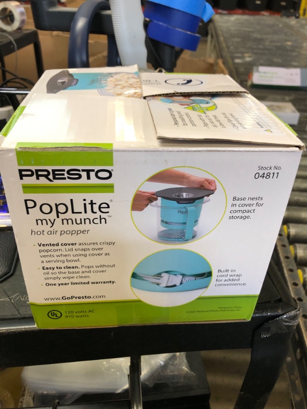 Photo 1 of Presto 04811 PopLite My Munch Hot Air Popcorn Popper - Personal Sized, Built-In Serving Bowl, Compact Design, 8 Cups, Blue