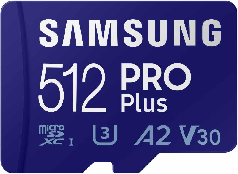 Photo 1 of Samsung PRO Plus microSD Memory Card + Adapter, 512GB microSDXC, Up to 180 MB/s, Full HD & 4K UHD, UHS I, C10, U3, V30, A2, for Android Smartphones, Tablets, GoPRO, and DJI Drone (MB MD512SA/AM)
