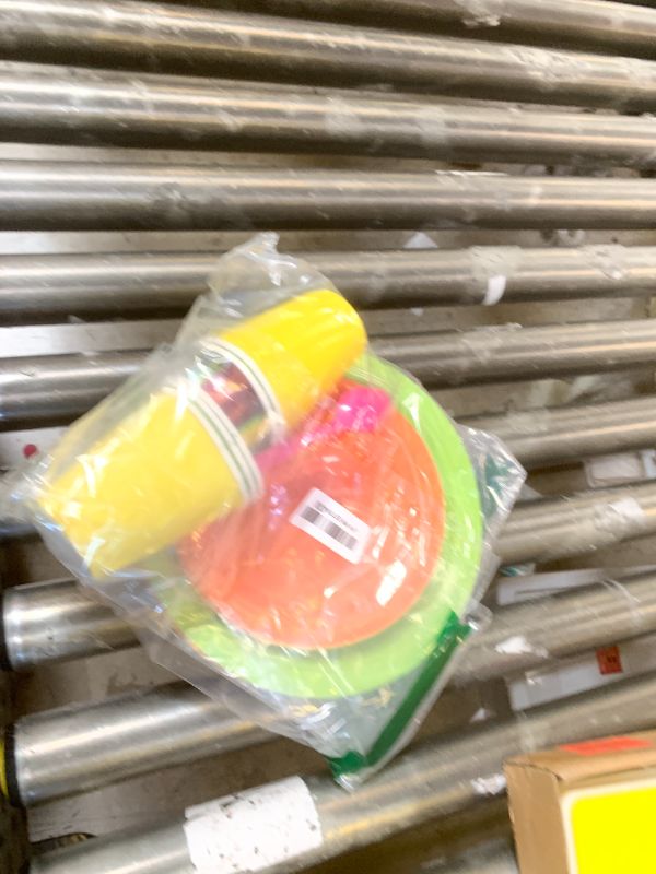 Photo 1 of durony 350 Pieces Neon Party Supplies Paper Plates Serve 50 Guests 7 Inch 9 Inch Dinner Plates Napkins Paper Cups Cutlery Bright Color Disposable Glow Party Tableware for Fiesta Neon Birthday