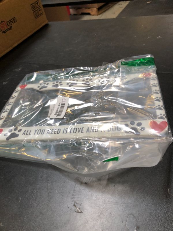 Photo 1 of License Plate Frames Black, White, and Red License Plate Frame All You Need is Love and a Dog Universal Aluminum Car Accessory 2 Pack with Screw Covers Set