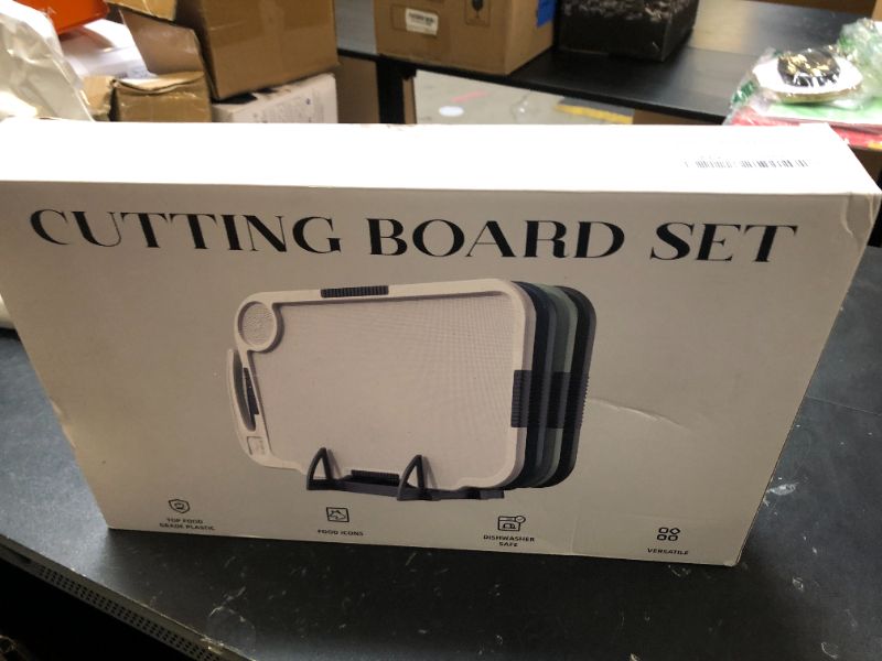 Photo 1 of Glotoch Cutting Boards for Kitchen Set of 4, Wheat Straw Chopping Board Dishwasher Safe, BPA Free, Non Slip, 16"X10" Colored Reversible Cutting Board with Stand, Food Icons, Grinder Plate