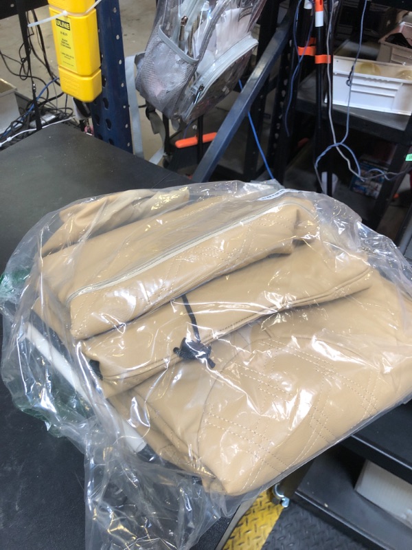 Photo 1 of CAROMOP Luxury PU Leather Car Seat Covers Full Set-Waterproof Seat Protectors with Split Bench Seat Covers for Cars-Universal Cars Interior Covers for Sedans, SUVs, Pick-up Trucks(Beige/Beige Line)