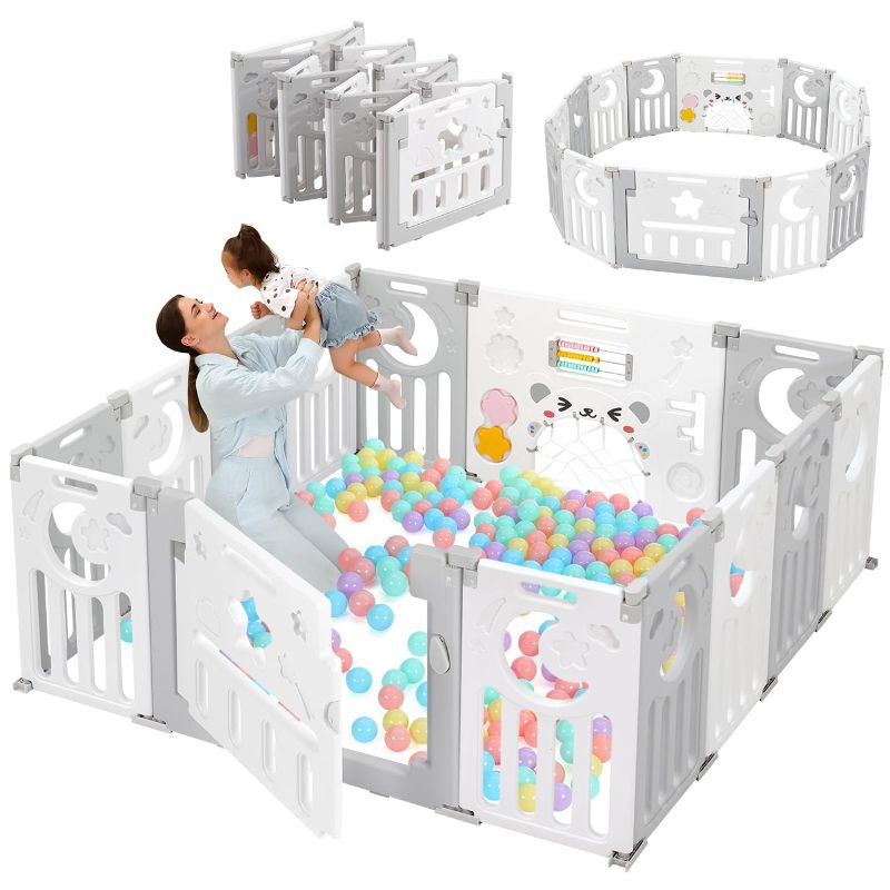 Photo 1 of Baby Playpen, Dripex Foldable Playpen for Babies and Toddlers, Custom Shape Baby Fence, Safety Play Yard with Gate, Portable Play Area for Indoor or Outdoor, Grey White, 14 Panel
