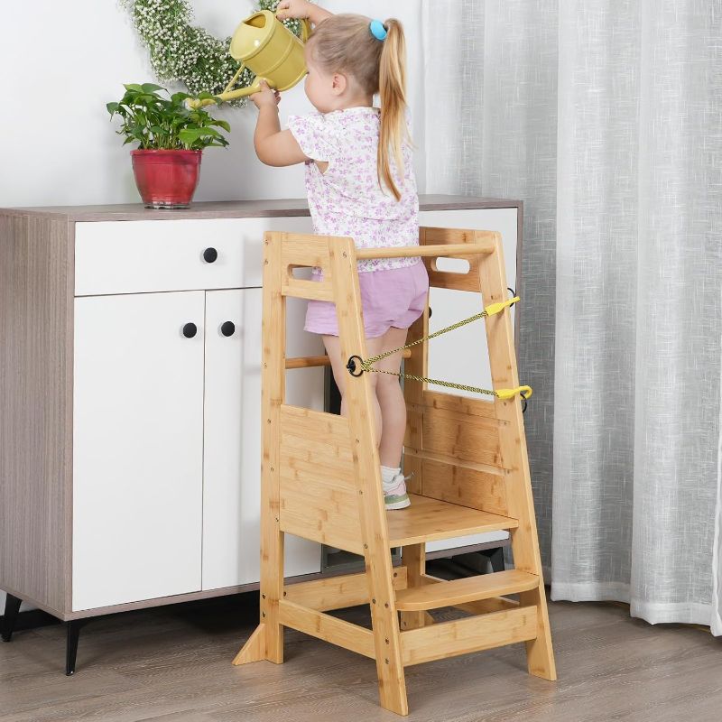 Photo 1 of Kids Kitchen Step Stool, XiaZ Natural Bamboo Toddler Tower Adjustable Kitchen Standing Tower with Safety Belt Learning Cooking Washing Standing Counter for Kids 1-3