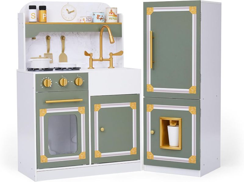 Photo 1 of Teamson Kids Versailles Wooden Deluxe Play Kitchen Set Plus Refrigerator with Ice Dispenser and 15 Cookware Accessories, Olive