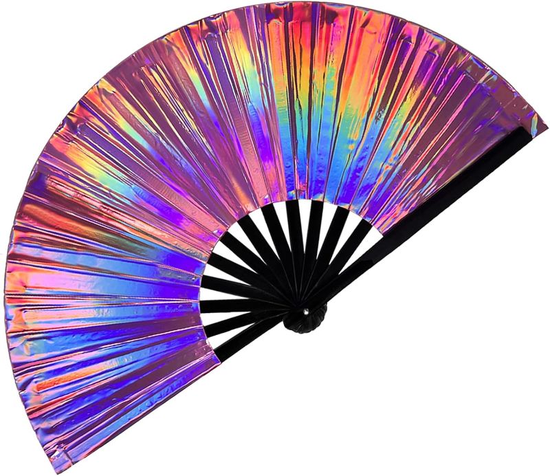 Photo 1 of Large Folding Hand Rave Fan,Clack Handheld Fan,Holographic Purple Laser Hand Fan,for Line Dancing,Festivals,Rainbow Outfits,Disco Party,Home Decoration and Cooling in Various Occasions.