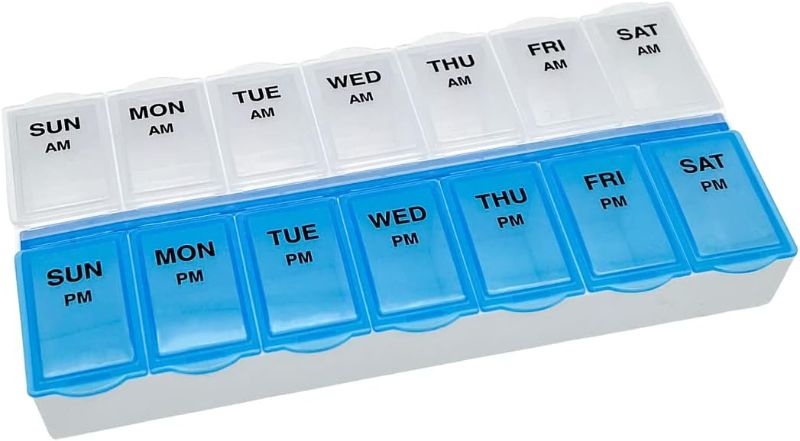 Photo 1 of Amazon Basic Care (7-Day) AM/PM Pill Organizer, Vitamin Case, And Medicine Box, Large Compartments, 2 Times a Day, Blue and Clear Lids