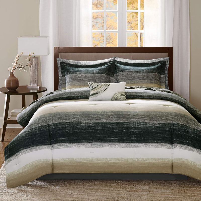 Photo 1 of Madison Park Essentials King Comforter Set, Bed in a Bag King, Watercolor Print Coastal Comforter & Chambray Cotton Sheet Set, All Season Bedding Set, Saben, Taupe King (104 in x 92 in) 9 Piece
