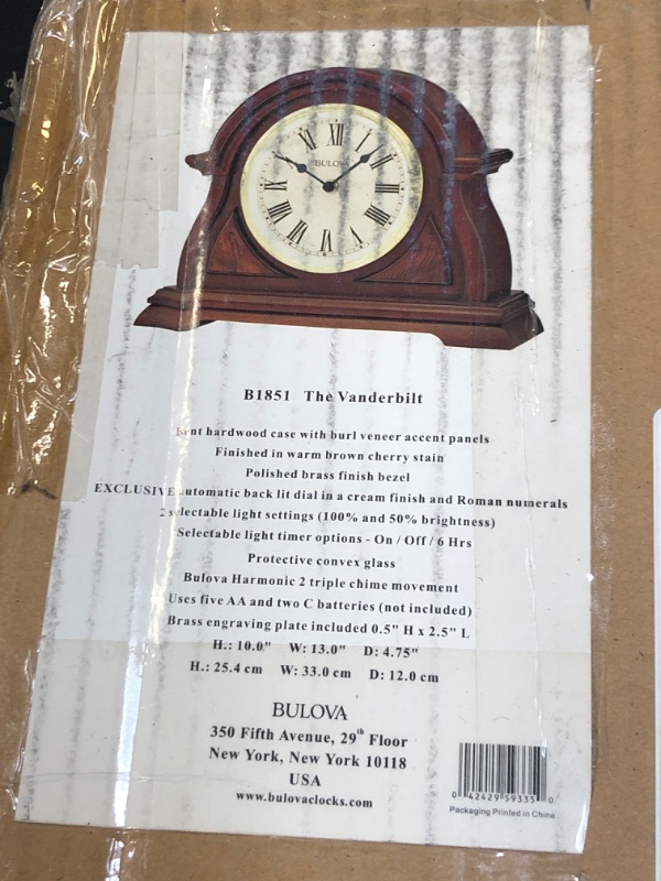 Photo 1 of Bulova Bostonian Lighted Mantel Clock, Model B1851 | Elegant Cherry Wood Finish | Illuminated Dial | Quartz Movement | Traditional Design | Battery Operated